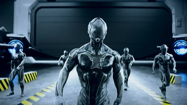 Military space futuristic soldiers walk in mitary space base. Realistic 4k animation.