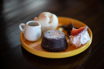 chocolate lava and icecream sweet product on table