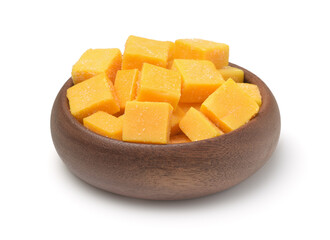 Wooden bowl of candied mango dice