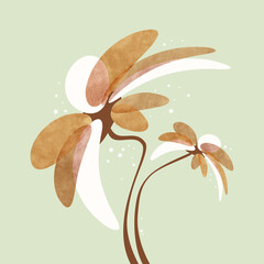 abstract orange brown flower on soft green background - soft green brown floral illustration - orange brown white green color palette - botanical - retro vibe - psychedelic