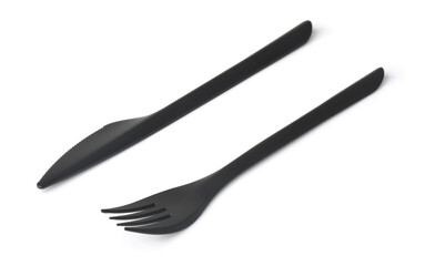Black plastic disposable fork and knife