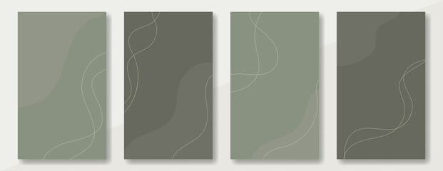 Set of vertical abstract designs in green palette for social media posting. Light lines on dark green background with place for text