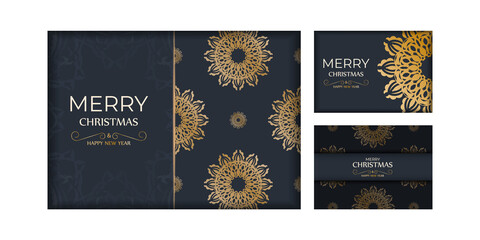 Dark blue happy new year flyer with vintage gold ornament