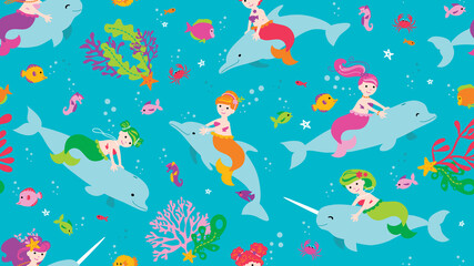 If you were friends with a mermaid you would know that they love to ride dolphins in the ocean. This seamless vector pattern is perfectly adorable for little girls who dream of living under the sea.