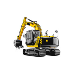 Heavy construction equipment. Yellow excavator vector cartoon illustration