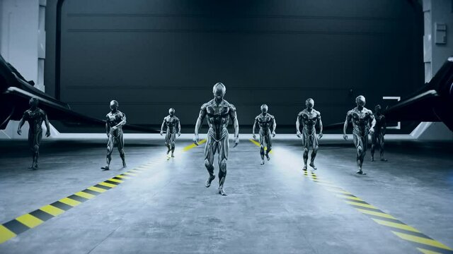 Military space futuristic soldiers walk in mitary space base. Realistic 4k animation.
