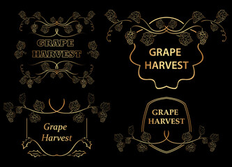 floral frames with grape for grape harvest event - vector set of golden silhouettes