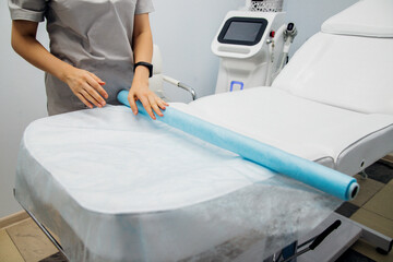 Preparation of the workplace before the laser hair removal procedure. Skin care, cosmetic procedures.