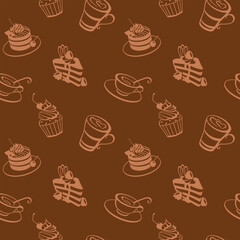 Coffee cap and biscuits, brownie, cheesecake, seamless pattern for for fabric, wallpaper, apparel. Vector.
