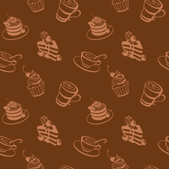 Coffee cap and biscuits, brownie, cheesecake, seamless pattern for for fabric, wallpaper, apparel. Vector.