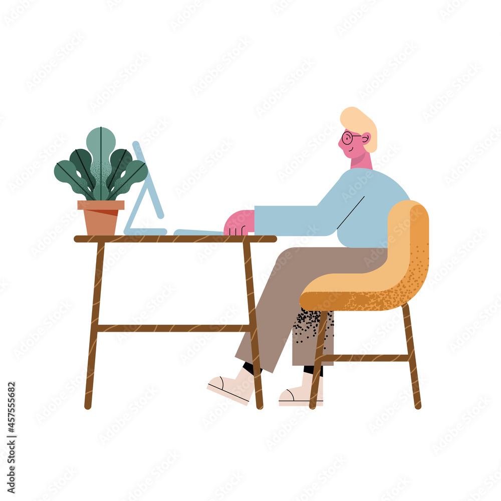 Poster man with computer working