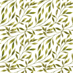 Watercolor leaves, branches on white background seamless pattern. Elegant floral repeat print. Romantic botanical design.