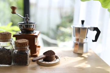 grind coffee beans and coffee utensils