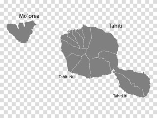 Blank map Tahiti in gray. Every Island map is with titles. High quality map of  Tahiti with districts on transparent background for your  design.  French Polynesia. EPS10.