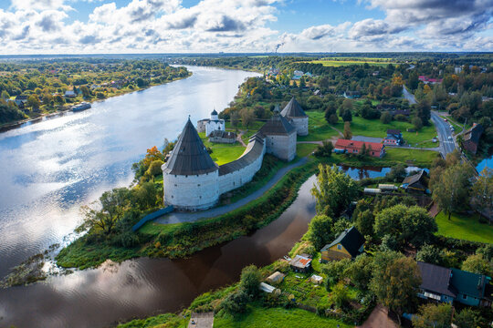 Aerial view of the old Russian fortress in the village of Staraya Ladoga in Russia