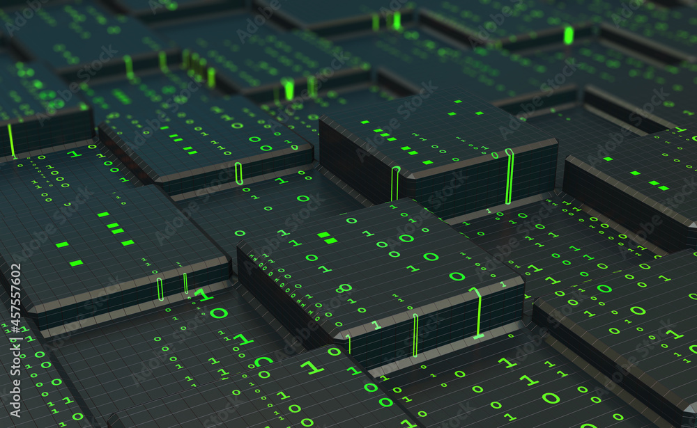 Poster Futuristic CPU and Machine Learning Concept. 3D illustration Stream of binary code. Microchip technology. Blockchain, fintech, AI. Artificial intelligence processor, robotic quantum computing
