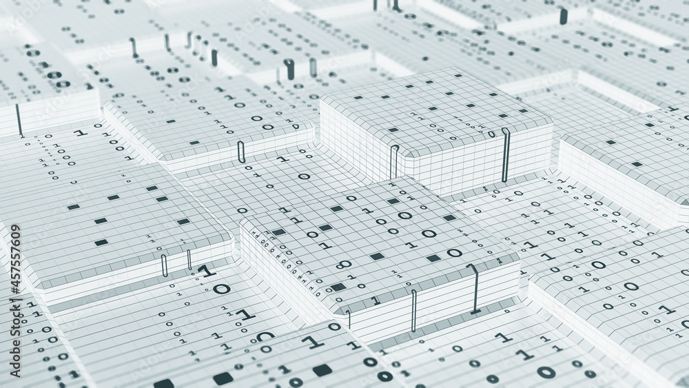 Poster Futuristic CPU and Machine Learning Concept. 3D illustration Stream of binary code. Microchip technology. Blockchain, fintech, AI. Artificial intelligence processor, robotic quantum computing