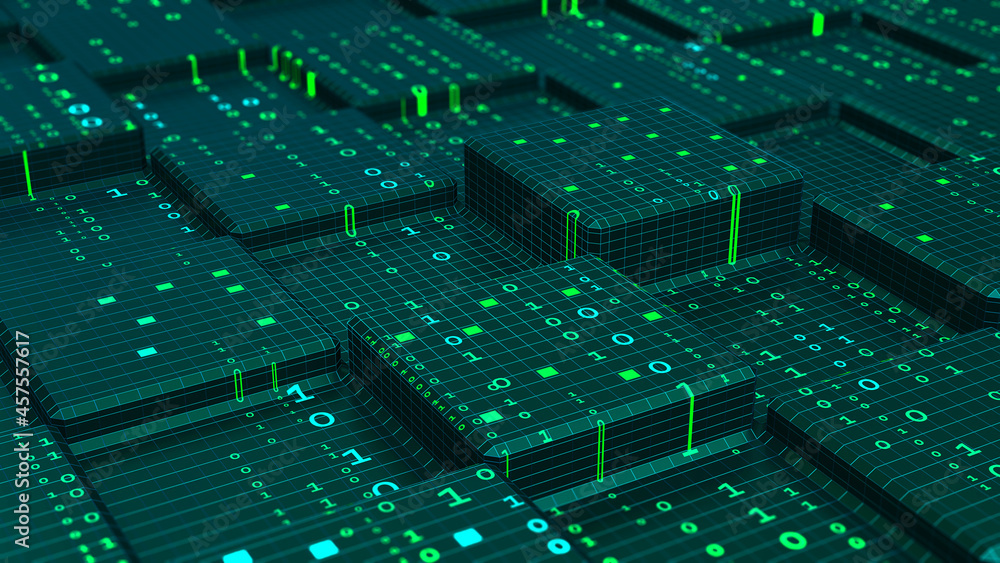 Fototapete Machine code, software compiler 3D illustration. Flow of binary code in blockchain cyberspace. Big data analytics and information privacy. Peer-to-peer computer network. Future processor concept