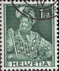 Switzerland - Circa 1941: a postage stamp printed in the Switzerland showing a portrait of Colonel and statesman Ludwig Pfyffer von Altishofen
