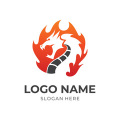 dragon logo template with flat orange and black color style