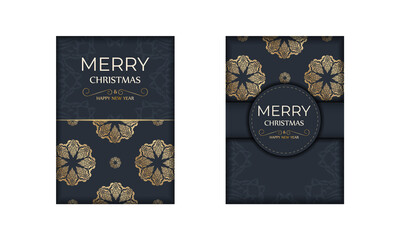 Flyer merry christmas dark blue with winter gold ornament