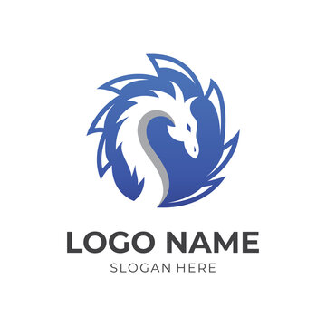 modern dragon logo design with flat blue and silver color style