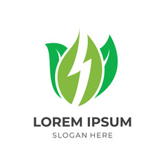 Fototapeta premium thunder and leaf logo design template concept vector with flat green color style