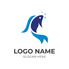 fish logo design template concept vector with flat blue color style
