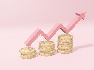 pink up arrow and coin stacks on pink background. Financial success and growth concept. 3d render illustration
