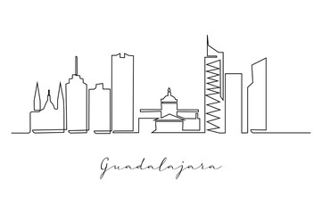 Continuous line drawing Guadalajara city skyline, Mexico. Beautiful landmark postcard. World landscape tourism travel vacation. Editable stylish stroke single line draw design vector illustration