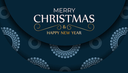 Greeting card for Merry Christmas and Happy New Year in dark blue with luxury blue ornaments