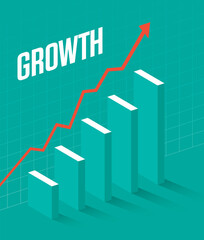 Business graph illustration showing growth.
Vector illustration of three dimensional bar graph with shadows and arrow showing continued growth.
