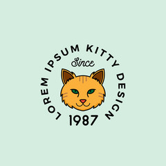 Line Style Cat Face with Retro Typography. Abstract Vector Sign, Symbol or Logo Template. Cartoon Animal Silhouette. Isolated