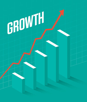 Business Graph Illustration Showing Growth.
Vector Illustration Of Three Dimensional Bar Graph With Shadows And Arrow Showing Continued Growth.