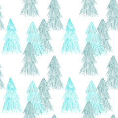 Seamless pattern with blue fir illustration in a watercolor style on white