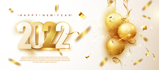 2022 gold numbers with golden balloons and shimmering confetti. New year banner with decoration. For Christmas and winter holiday party flyers