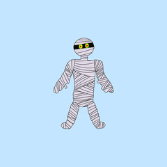 vector cartoon mummy character. Halloween costume isolated on blue background.