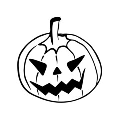 Hand drawn Halloween pumpkin in doodle style. Holiday on October 31. Scary holiday pumpkin. Black and white outline. Vector illustration isolated on white background.