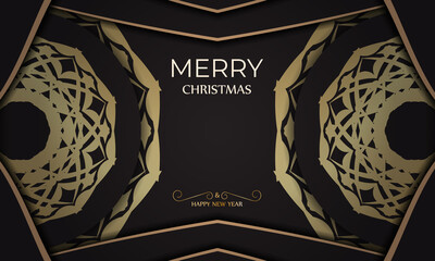 Greeting card Merry christmas and Happy new year black color with winter gold ornament