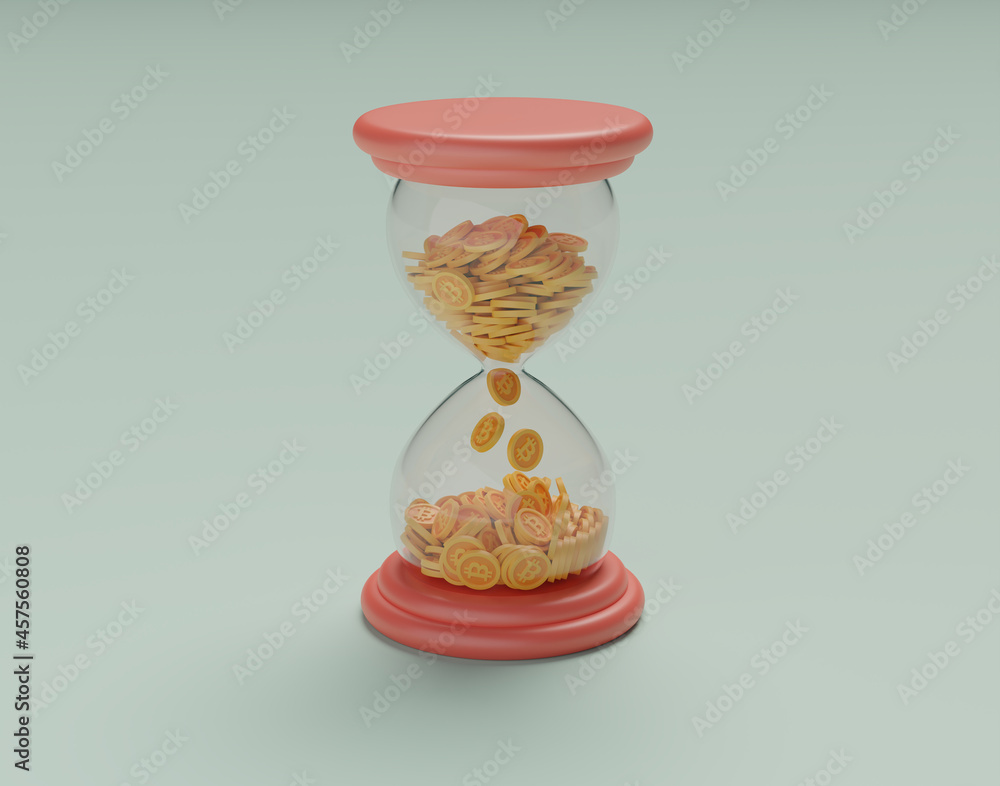 Poster 3d rendering of bitcoins in a sand clock
