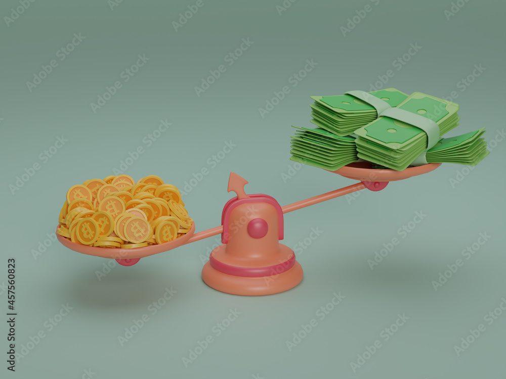 Poster 3d rendering of a balance scale with bitcoins and bills