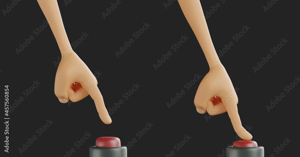 Poster 3d rendering of hands pushing a red button on a black background