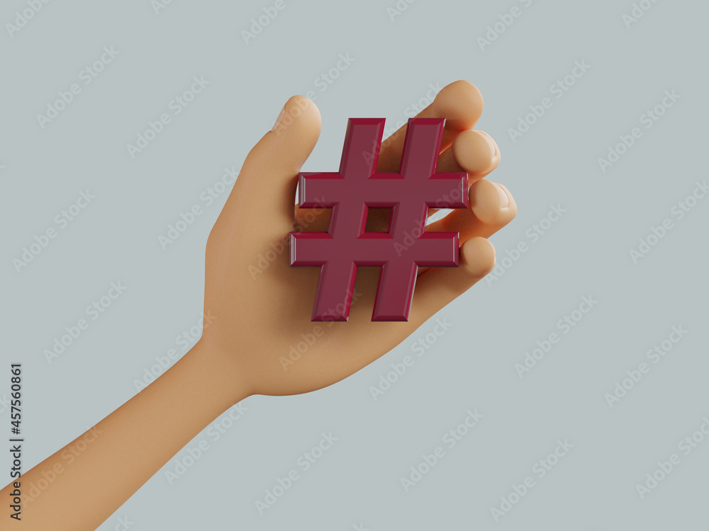 Poster 3d rendering of a hashtag in a hand on a gray background