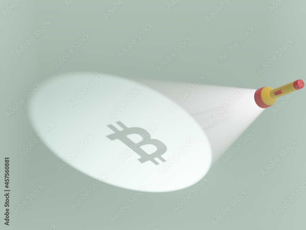 Poster 3d rendering of a flashlight with a shade of a bitcoin sign