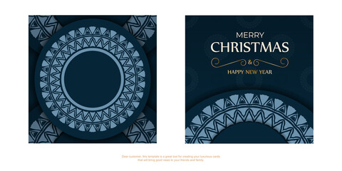 Greeting card Merry Christmas and Happy New Year in dark blue color with abstract blue pattern