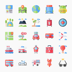 Icon Set of Travel. Flat Color icons vector. Contains such of passport, world, transportation, map location, tent, beach, mountain, compass and more. You can use for web, app and more.