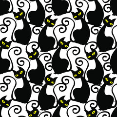 Black cats with yellow eyes on a white background. Halloween print. Seamless pattern, vector illustration