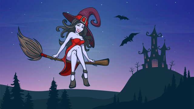 Halloween illustration with a beautiful girl witch in on a broomstick on the background of a spooky castle