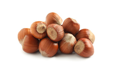Tasty organic hazelnuts on white background. Healthy snack