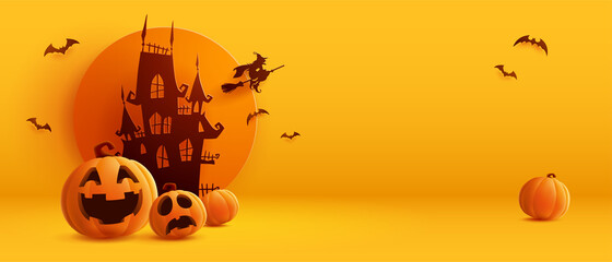 3D illustration of Halloween theme banner with group of Jack O Lantern pumpkin and paper graphic style of castle on background. 